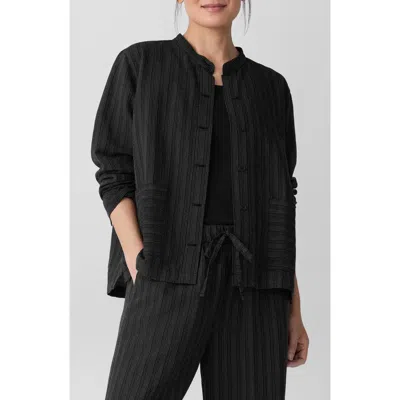 Eileen Fisher Stripe Mandarin Collar Stretch Organic Cotton Blend Shirt Jacket In Black
