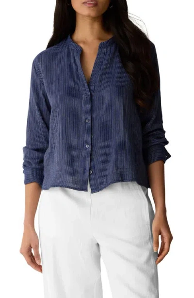 Eileen Fisher Stripe Organic Cotton Button-up Shirt In Blue