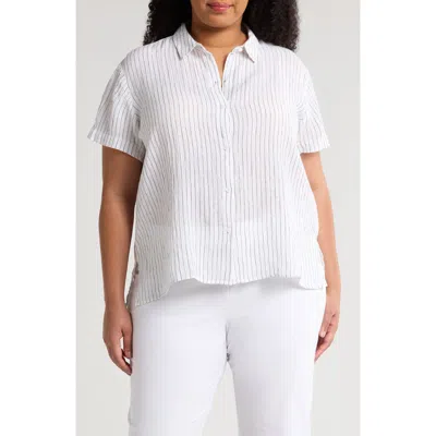 Eileen Fisher Stripe Organic Linen Button-up Shirt In White