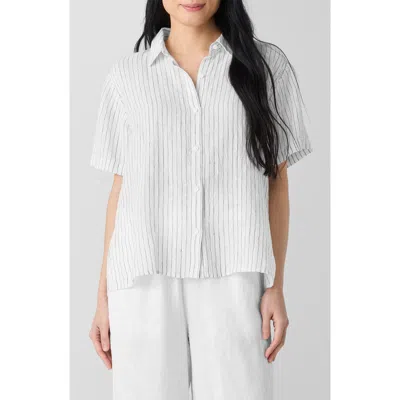 Eileen Fisher Stripe Organic Linen Button-up Shirt In White/black