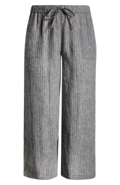 Eileen Fisher Stripe Organic Linen Crop Wide Leg Pants In Black/white