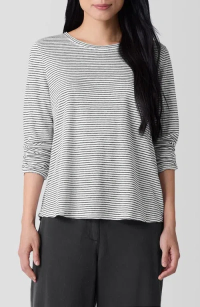 Eileen Fisher Striped Organic Linen Jersey Long-sleeve Tee In Gray