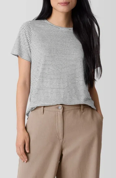 Eileen Fisher Stripe Organic Linen T-shirt In White/black