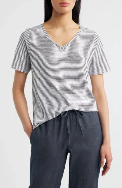 Eileen Fisher Stripe V-neck Organic Linen T-shirt In Gray