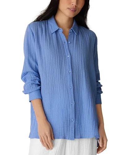 Eileen Fisher Striped Cotton Gauze Classic Collar Shirt In Blue