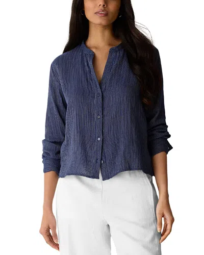 Eileen Fisher Striped Cotton Gauze Mandarin Collar Shirt In Blue