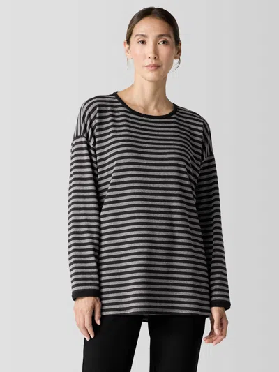 Eileen Fisher Striped Cozy Brushed Terry Long Box-top In Black