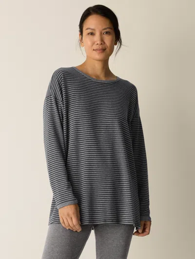Eileen Fisher Striped Cozy Brushed Terry Long Box-top In Blue