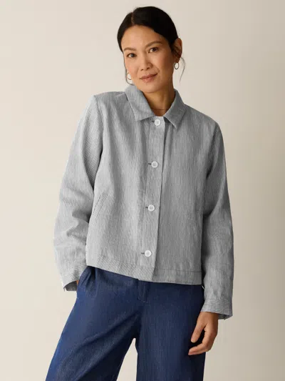 Eileen Fisher Striped Linen Sheen Classic Collar Jacket In Wren