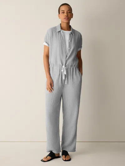 Eileen Fisher Striped Organic Cotton Gauze Jumpsuit In White/black