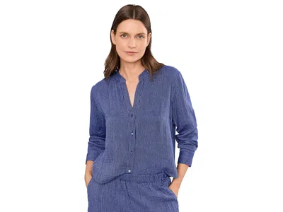 Eileen Fisher Striped Organic Cotton Gauze Mandarin Collar Shirt Women's Clothing Deep Dive: Lg In Blue