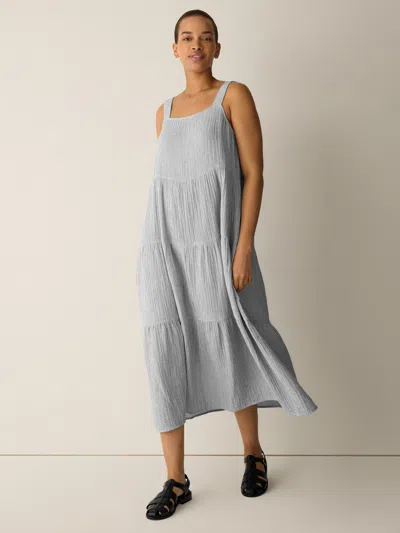 Eileen Fisher Striped Organic Cotton Gauze Tiered Dress In Deep Dive