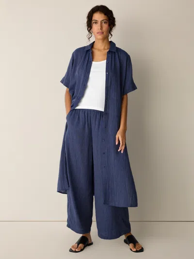 Eileen Fisher Striped Organic Cotton Gauze Wide-leg Pant In Deep Dive