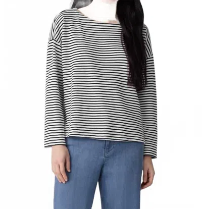 EILEEN FISHER STRIPED ORGANIC COTTON SLUB BATEAU NECK TOP IN WHITE BLACK