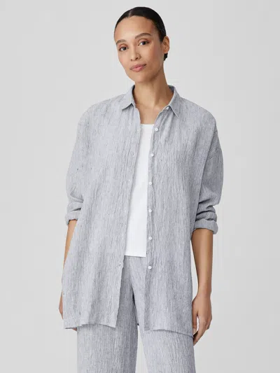 Eileen Fisher Striped Organic Linen Crinkle Classic Collar Shirt In Blue
