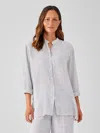 Eileen Fisher Striped Organic Linen Crinkle Mandarin Collar Shirt In White