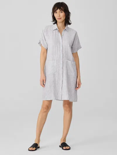 Eileen Fisher Striped Organic Linen Crinkle Shirtdress In White