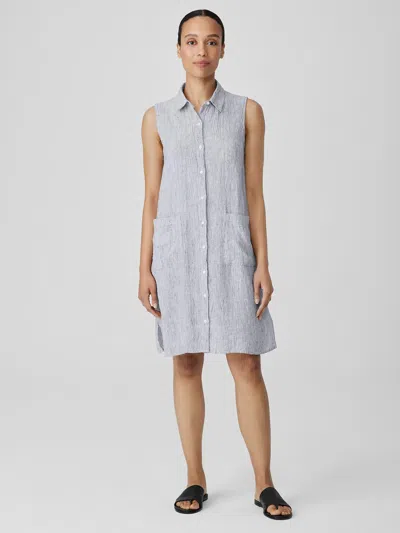 Eileen Fisher Striped Organic Linen Crinkle Sleeveless Shirtdress In Blue