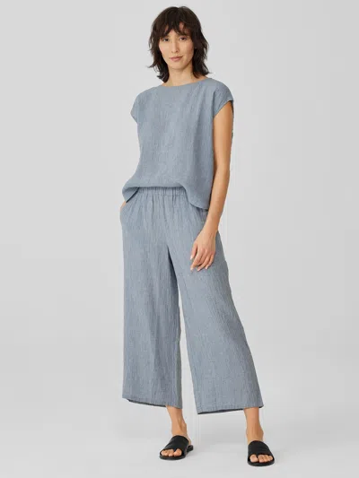 Eileen Fisher Striped Organic Linen Crinkle Wide-leg Pant In Blue