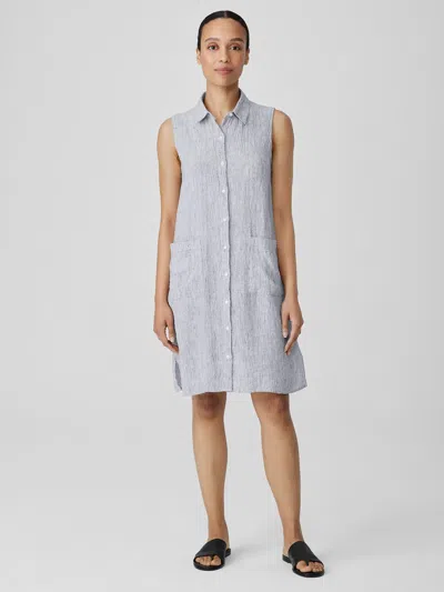 Eileen Fisher Striped Organic Linen Crinkle Sleeveless Shirtdress In Multi