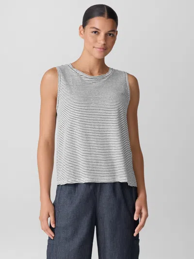 Eileen Fisher Striped Organic Linen Jersey Crew Neck Tank In White/black