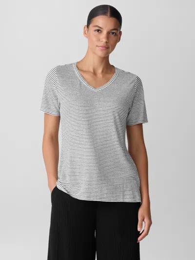 Eileen Fisher Striped Organic Linen Jersey V-neck Tee In White