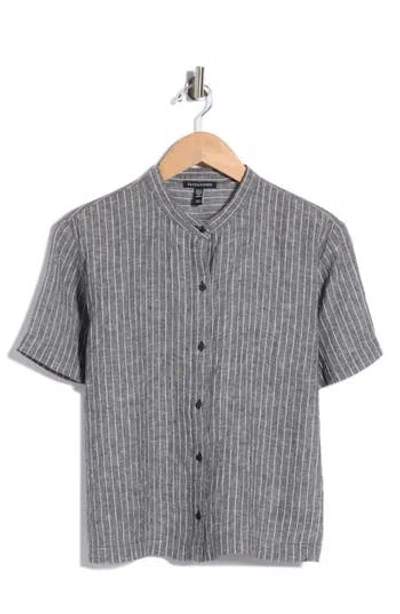 Eileen Fisher Striped Organic Linen Mandarin Collar Shirt In Gray