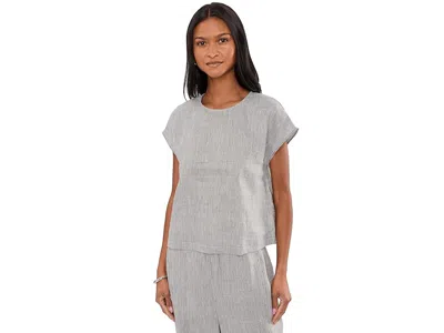 Eileen Fisher Striped Organic Linen Sheen Round Neck Top In Gray