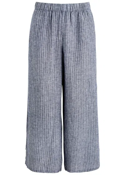 Eileen Fisher Striped Wide-leg Linen Trousers In Gunmetal