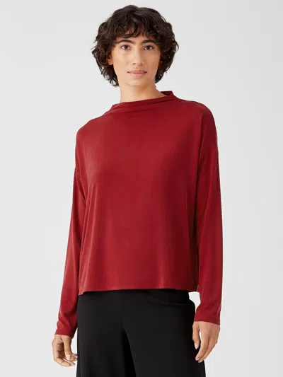 Eileen Fisher Sueded Cupro Knit Funnel Neck Box-top In Red