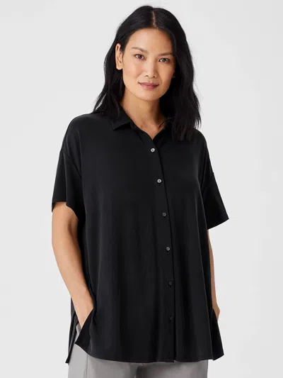 Eileen Fisher Sueded Cupro Knit Short-sleeve Long Shirt In Black