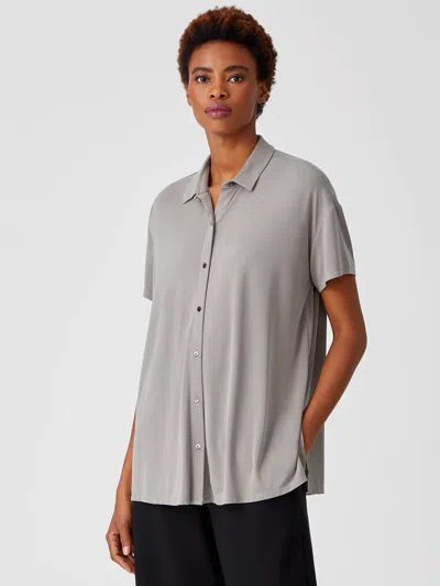 Eileen Fisher Sueded Cupro Knit Short-sleeve Long Shirt In Gray