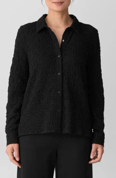 Eileen Fisher Texture Organic Cotton Blend Button-up Shirt In Black