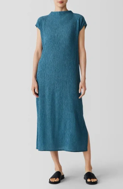 Eileen Fisher Textured Mock Neck Midi Dress In Blue