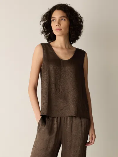 Eileen Fisher Textured Satin Curved V-neck Tank In Brown