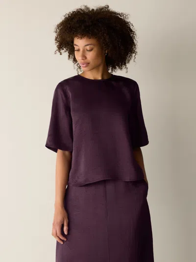 Eileen Fisher Textured Satin Round Neck Elbow-sleeve Top In Purple