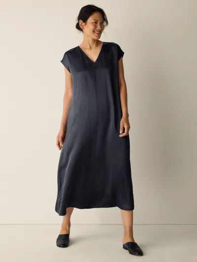 Eileen Fisher Textured Satin V-neck Dress In Blue