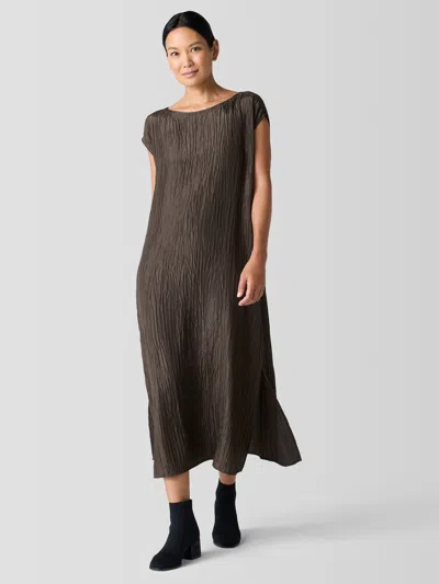 Eileen Fisher Textured Silk Jacquard Bateau Neck Dress In Brown