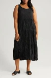 Eileen Fisher Textured Sleeveless Silk Midi Dress In Black