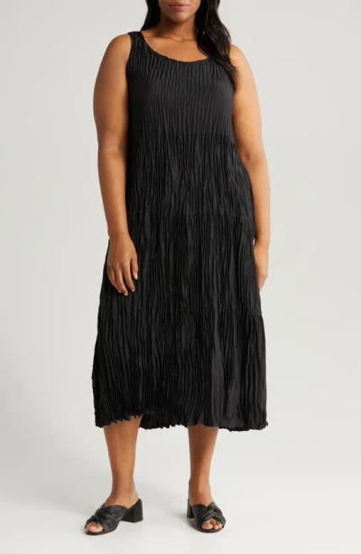 Eileen Fisher Textured Sleeveless Silk Midi Dress In Black