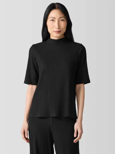 Eileen Fisher Textured Stretch Rib Mock Neck Top In Black