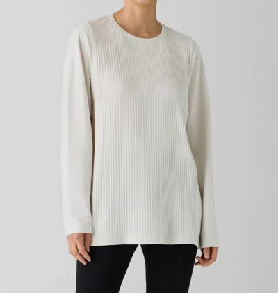 Eileen Fisher Textured Stretch Rib Round Neck Long Sleeve Top In Bone In White