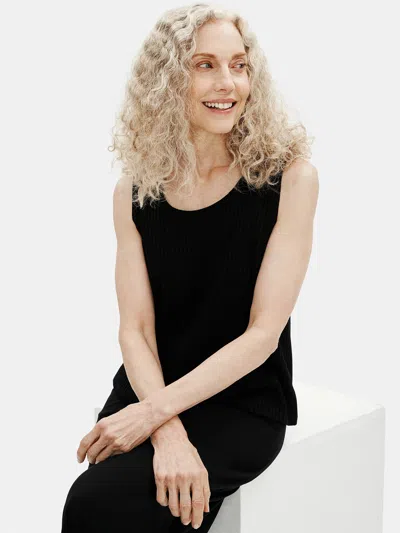 Eileen Fisher Textured Stretch Rib Scoop Neck Tank In Black
