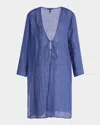 Eileen Fisher Tie Front Longline Organic Linen Jacket In Multi