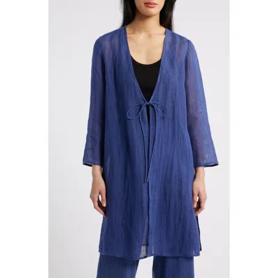 Eileen Fisher Tie Front Longline Organic Linen Jacket In Blue