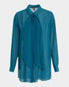 Eileen Fisher Tie-neck Sheer Silk Georgette Blouse In Harbor