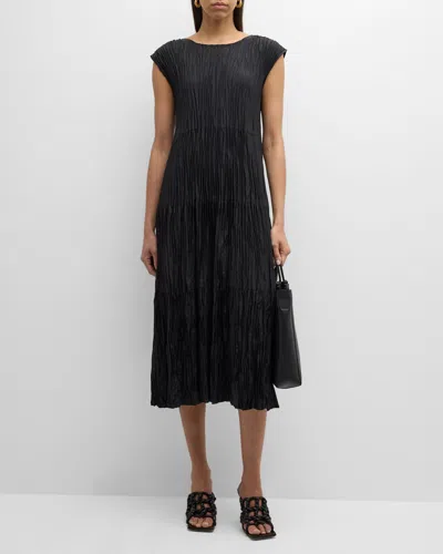 Eileen Fisher Tiered A-line Crinkled Silk Midi Dress In Black