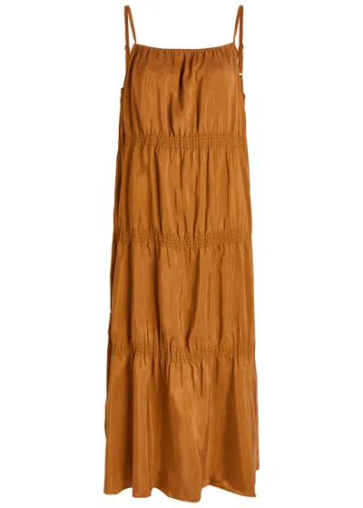 Eileen Fisher Tiered Silk Midi Dress In Brown