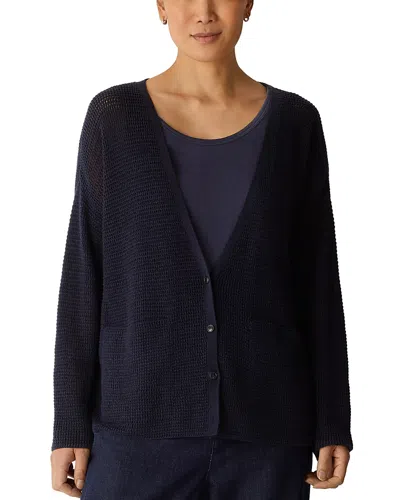 Eileen Fisher Open Stitch Organic Cotton Blend V-neck Cardigan In Blue