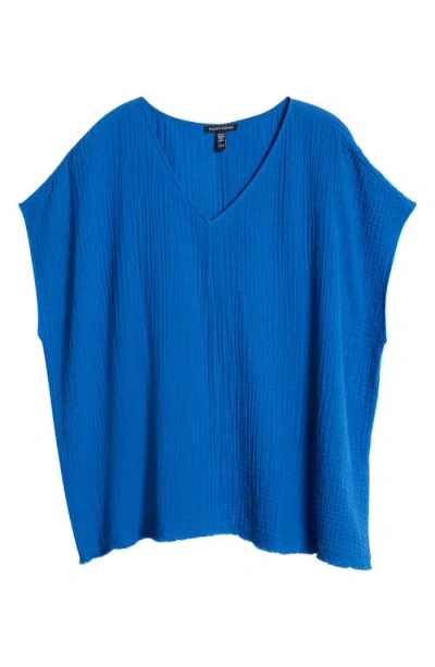 Eileen Fisher V-neck Dolman Sleeve Organic Cotton Gauze Top In Blue